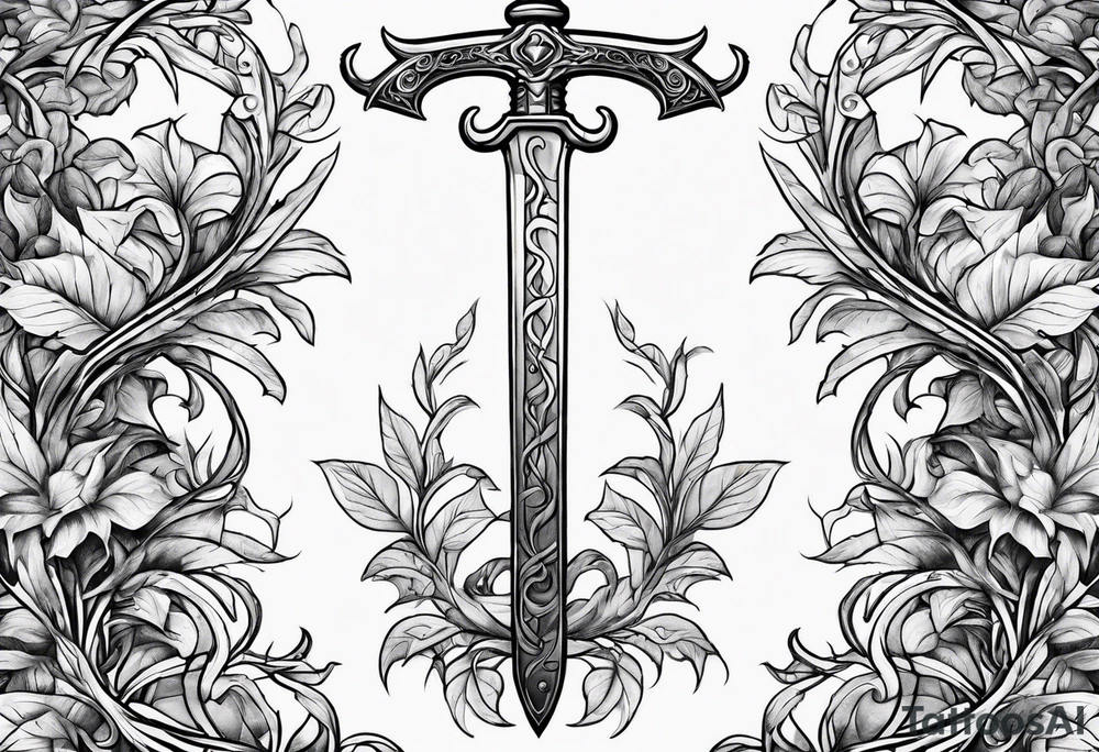 Leafy vines with sword tattoo idea