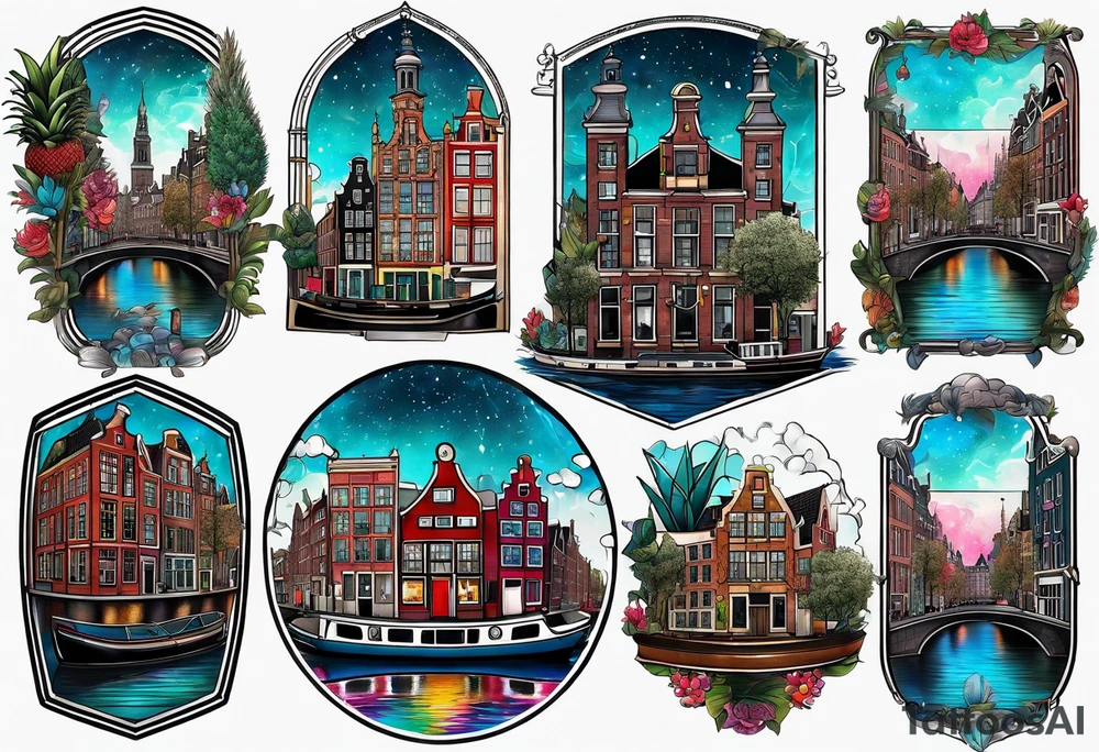 Tattoo of amsterdam buildings and canal featuring glass, animals and pineapples in galaxy colours tattoo idea