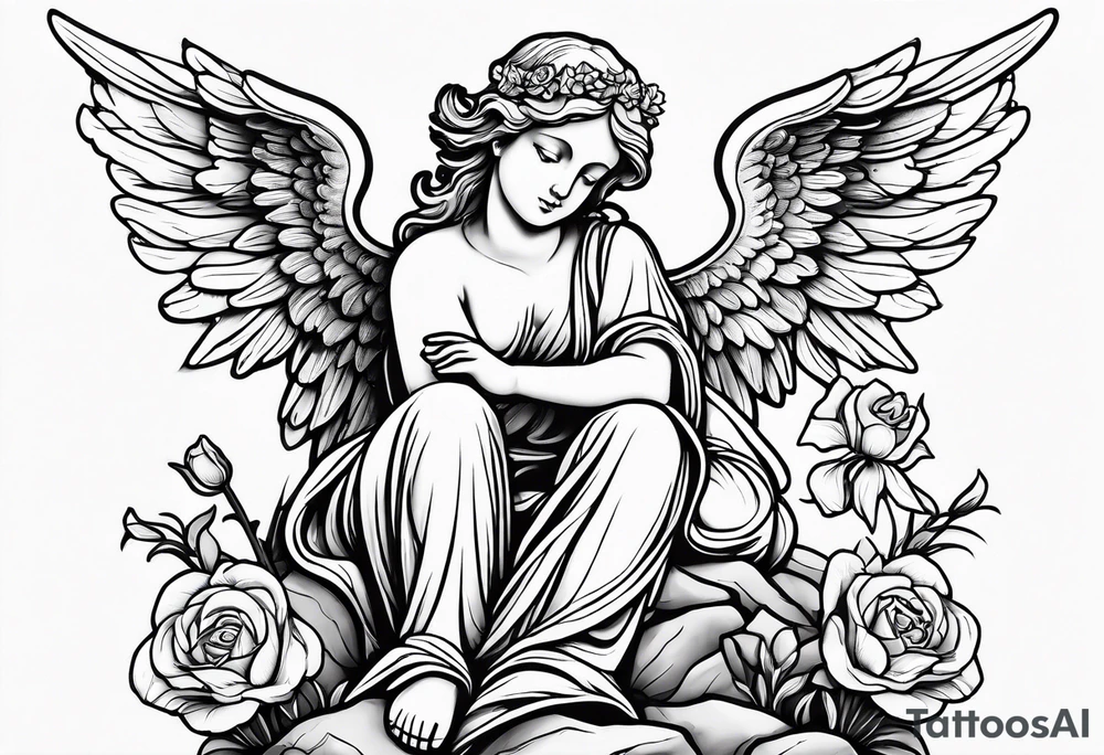 Simple Angel statue stood on a rock with daffodils and roses wrapped around its legs tattoo idea