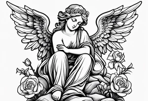 Simple Angel statue stood on a rock with daffodils and roses wrapped around its legs tattoo idea