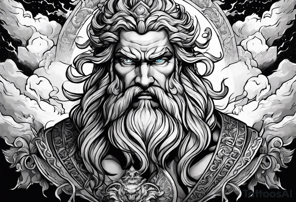 Zeus with a lightning bolt on clouds and hades in hell below tattoo idea