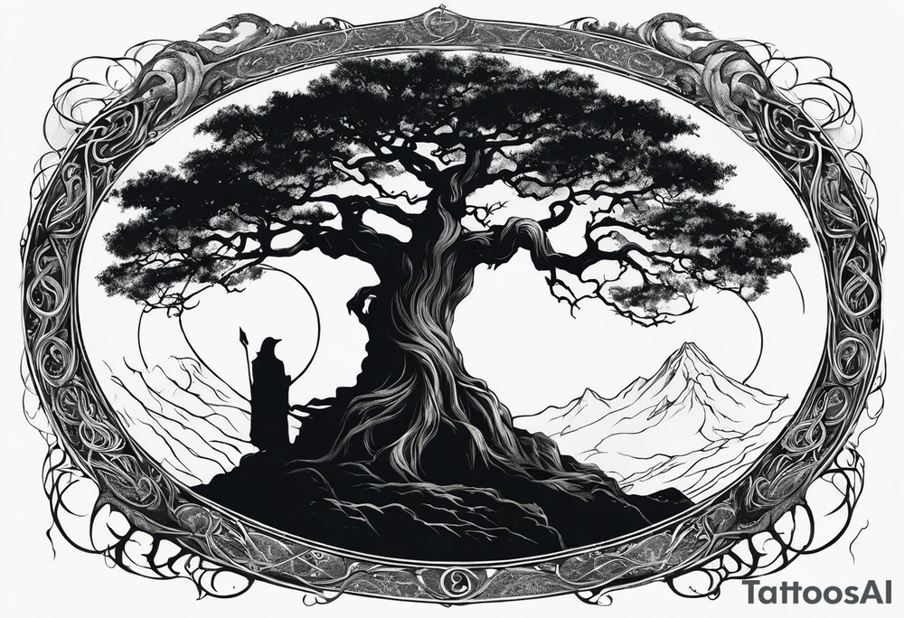 Circular lord of the rings style writing around an ancient twisted tree tattoo idea