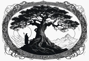 Circular lord of the rings style writing around an ancient twisted tree tattoo idea