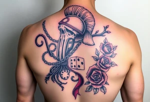 Squid and spartan and sailor hat combined with chains, tree roots, cherry blossoms and roses rolling dice tattoo idea