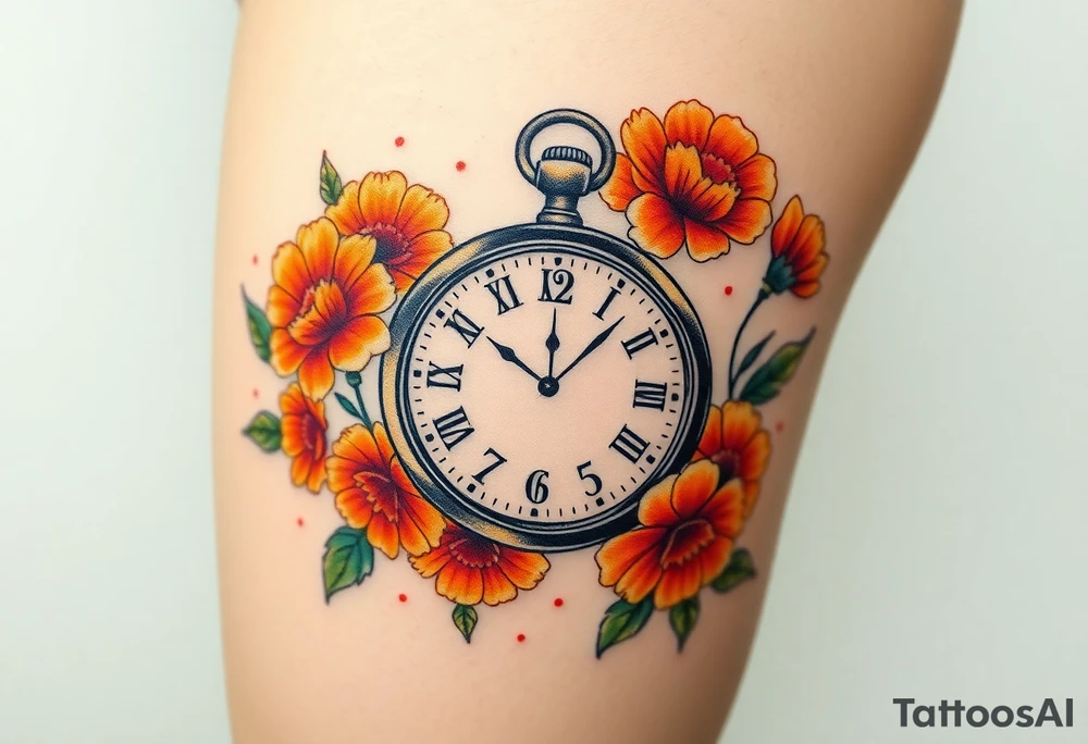 Beautiful pocket watch surrounded by orange marigolds tattoo idea
