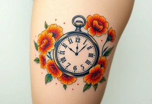 Beautiful pocket watch surrounded by orange marigolds tattoo idea