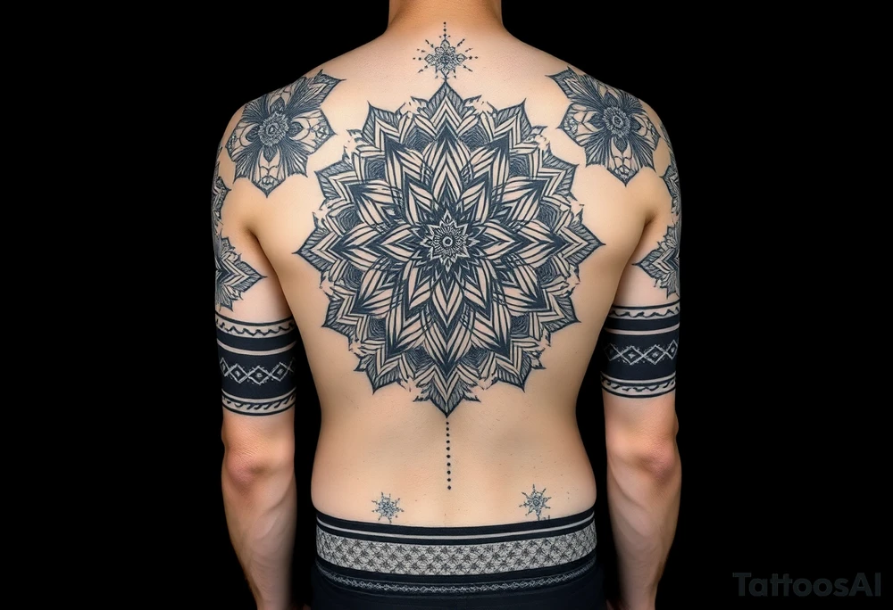 Blackwork geometric full body tattoo design on a male body, 
large-scale ornamental patterns, different geometric fill patterns 
in each body zone, massive black areas with fine geometric cutouts, 
central mandala on back, spiral black bands wrapping around thighs, 
dotwork floral star patterns alternating with 3D cube hexagon patterns, 
diagonal black dividing bands, organic transitions between zones, 
no horizontal stripes, no gradients, pure black ink on skin tone, 
high contrast, professional tattoo photography, dark studio background, 
photorealistic tattoo idea