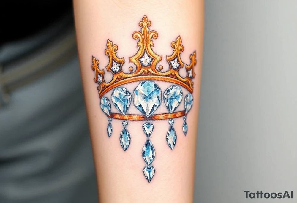 A detailed royal crown with diamonds cascading down as jewels, in golden hues for the crown and white diamonds with light blue reflections for the stones tattoo idea