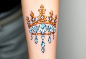 A detailed royal crown with diamonds cascading down as jewels, in golden hues for the crown and white diamonds with light blue reflections for the stones tattoo idea