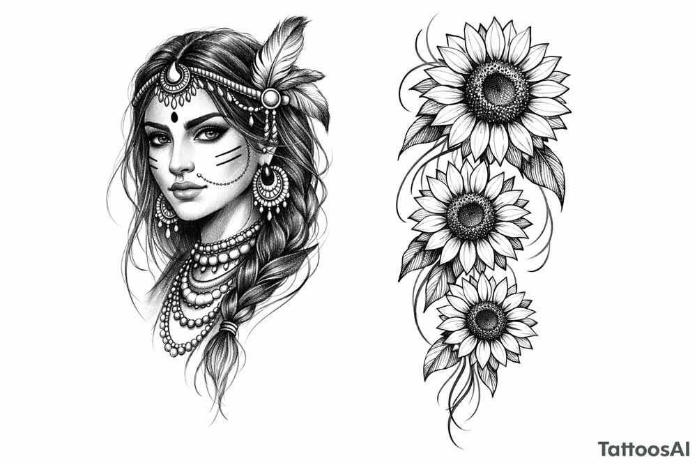 Indian Tribal with 3 cascading sunflowers tattoo idea