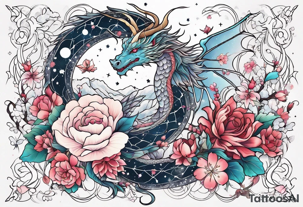 Constellation, wing , snow , cross , dragon female japan kawaii , flower tattoo idea