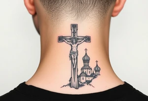 Traditional orthodox ICXC Christian cross with an orthodox Jesus Christ on the cross in a wilderness Russian Kremlin setting tattoo idea