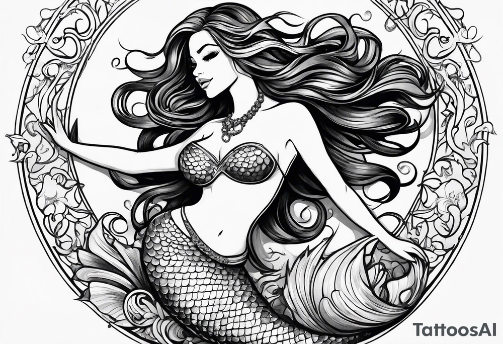 Mermaid full body, curvy, one arm up in the air, smiling tattoo idea