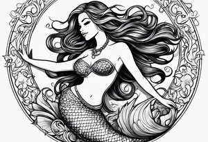 Mermaid full body, curvy, one arm up in the air, smiling tattoo idea