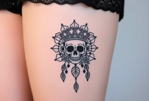 Mandala dream catcher lace with delicate skull and flowers wearing elegant crown tattoo idea