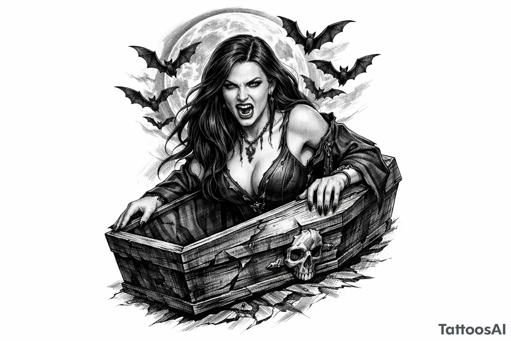 female vampire,bats,full moon,a coffin. tattoo idea