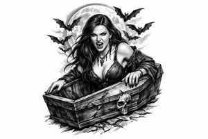 female vampire,bats,full moon,a coffin. tattoo idea