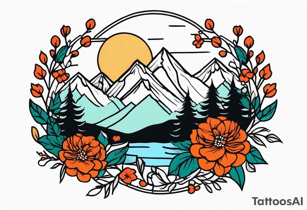 mountains
old school vintage simple traditional design with vintage flowers surrounding
bold color simple tattoo idea