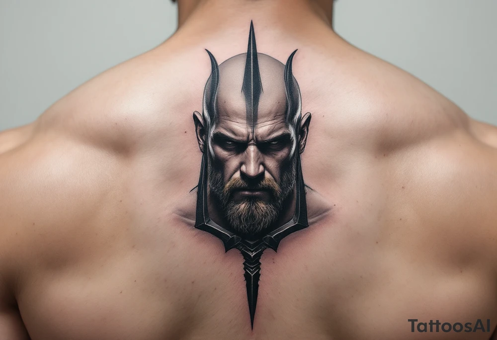 close-up muscular man behind a trident tattoo idea