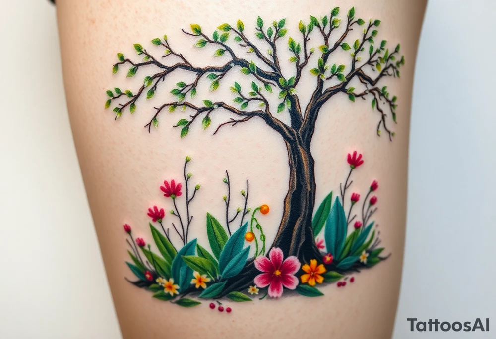 Lilly of the vally plants underneath a blooming hawthorn tree with other colorful plants on ground tattoo idea