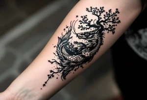 koi fish with a dragon 
with a sakura tree in the background, Japanese inspired piece tattoo idea