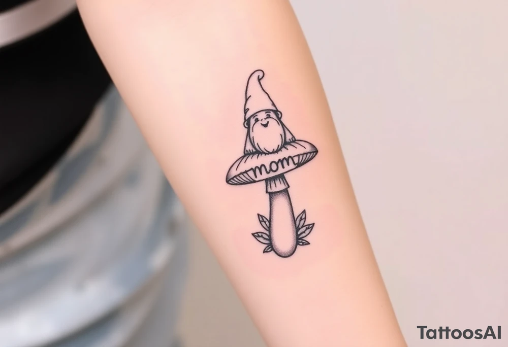 Mushroom with word mom on it with gnome sitting on top tattoo idea