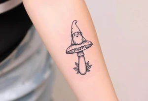 Mushroom with word mom on it with gnome sitting on top tattoo idea