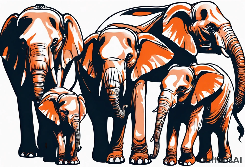 family of elephants including a mom and dad, 4 children, one of which is deceased. tattoo idea