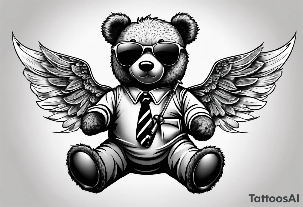 Teddy bear with wings wearing big sunglasses holding a tool tattoo idea