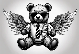 Teddy bear with wings wearing big sunglasses holding a tool tattoo idea
