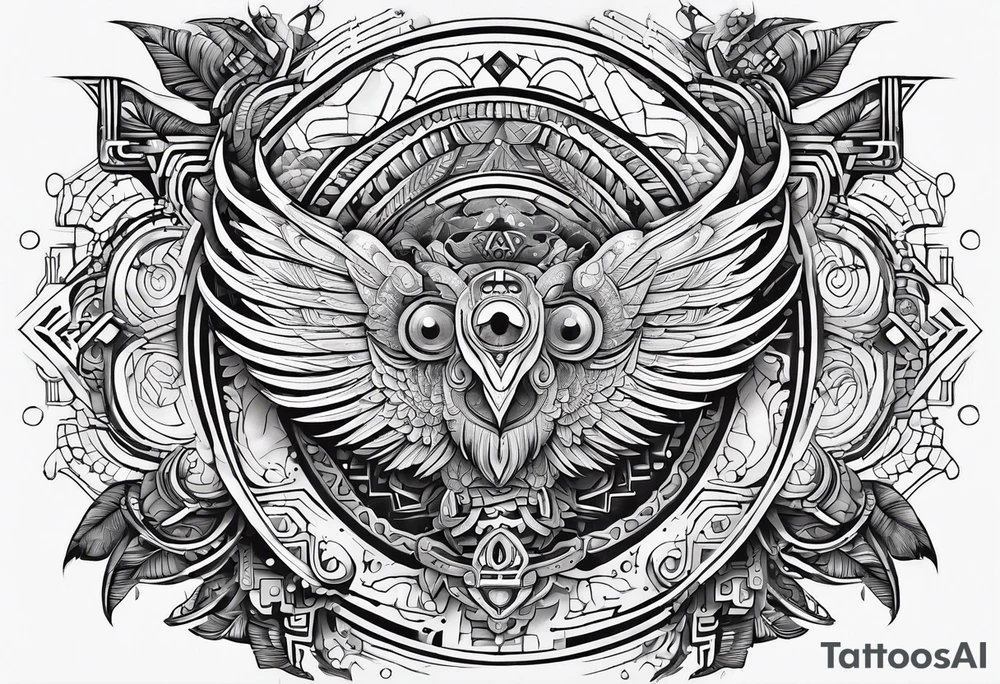 Minimalist Cyberpunk Mayan Quetzal that has cybernetic neurons coming from the bottom. tattoo idea