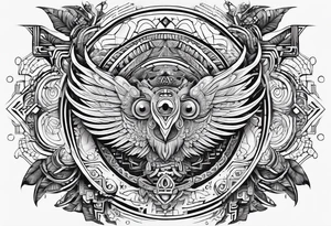 Minimalist Cyberpunk Mayan Quetzal that has cybernetic neurons coming from the bottom. tattoo idea