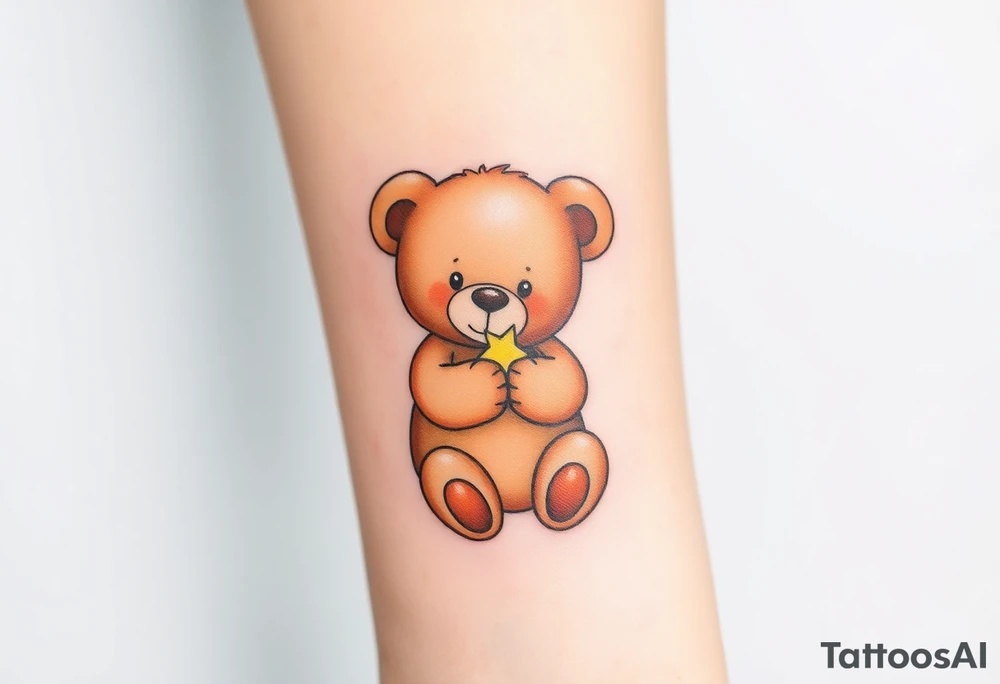 A teddy bear hugging a tiny star, in soft brown and glowing yellow, representing comfort and security. tattoo idea