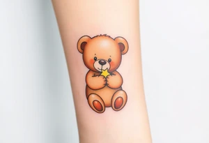 A teddy bear hugging a tiny star, in soft brown and glowing yellow, representing comfort and security. tattoo idea