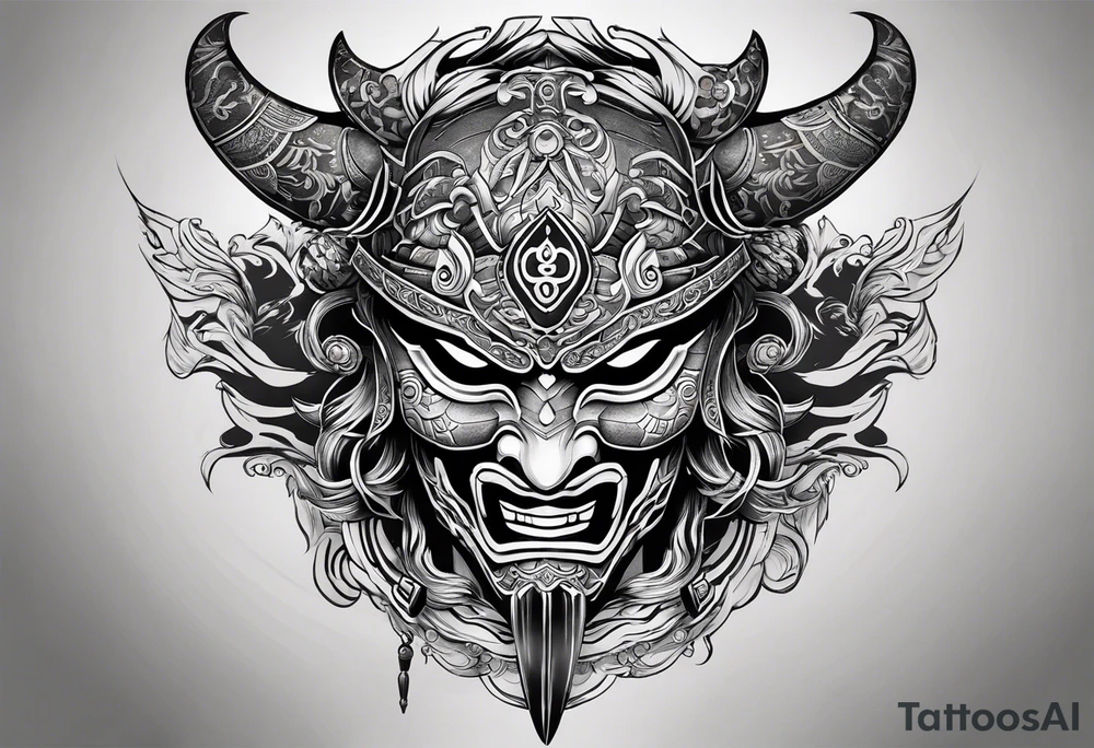 hanya mask on the shoulder, mask from ghost of Tsushima, hanya mask with three eyes, mask symbol of freedom and calmness tattoo idea