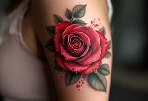 A vibrant red rose with dewdrops, the petals curling with realistic depth in deep crimson and dark green leaves. tattoo idea