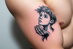 i want a  young boy falling into a void while reaching out to jesus's hand tattoo idea