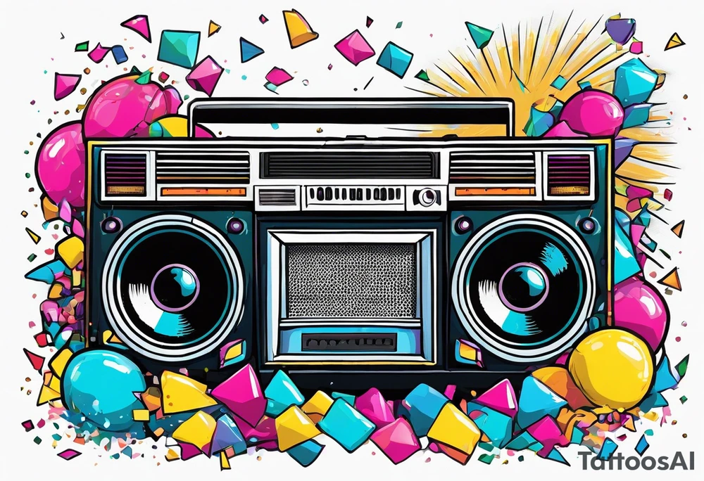 1980's style dance party with boom box and confetti in a beach theme. do not include cars tattoo idea
