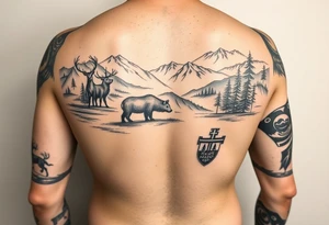 A full-sleeve with the Härjedalen landscape, reindeer, bear, lakes, mountains (Helags), cross and Härjedalen's coat of arms on the hand tattoo idea