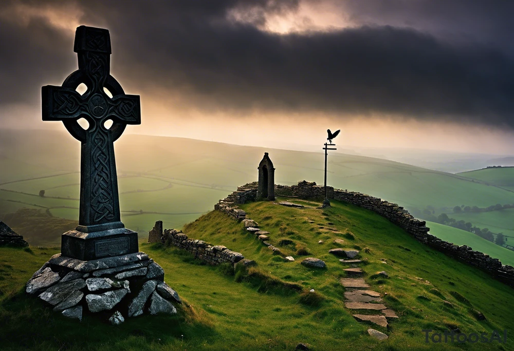 A stone Celtic cross solemnly standing atop a hill, a raven perches atop the cross staring out over the desolation. A ruined stone wall lies crumbling near the cross. Mist rolls along the hilltops adding to the melancholic nature of the scene. Clouds gather in the distance, obscuring the setting sun tattoo idea