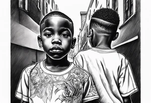 three black school age brothers close in age ahead down a street together full bodies and the side of ones face is visible tattoo idea