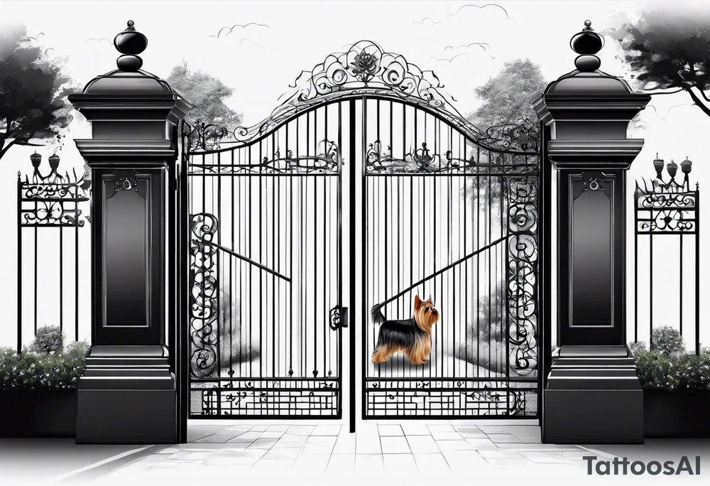 Yorkshire terrier standing outside of paradise gate. The gate is half opened. On the gate is written the date 05.06.2024 tattoo idea