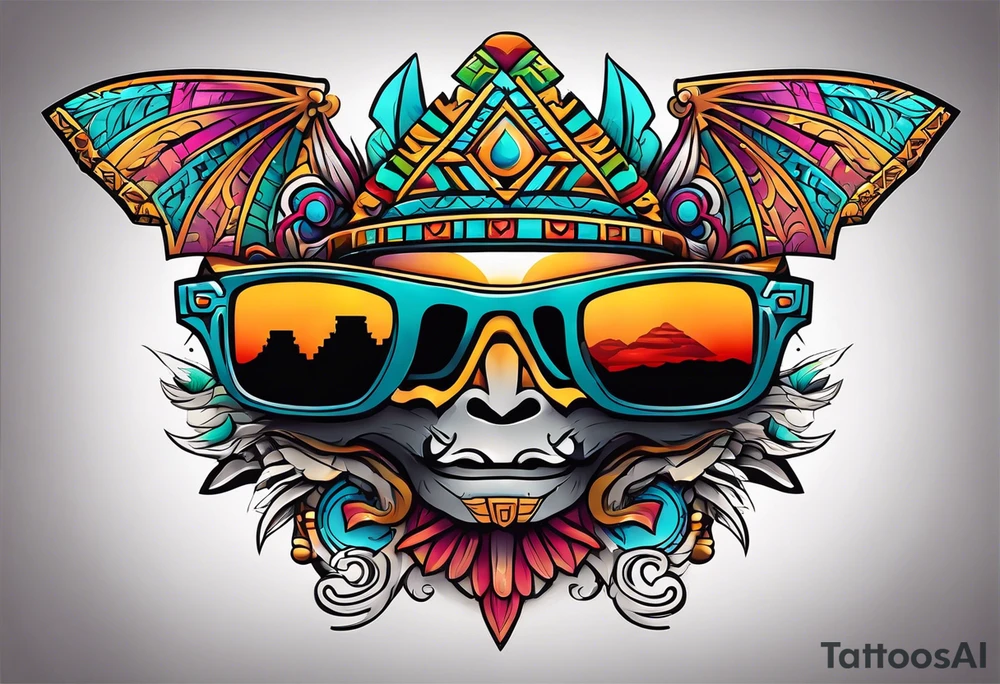 Colorful Mayan hieroglyph wearing sunglasses with bats and water tattoo idea