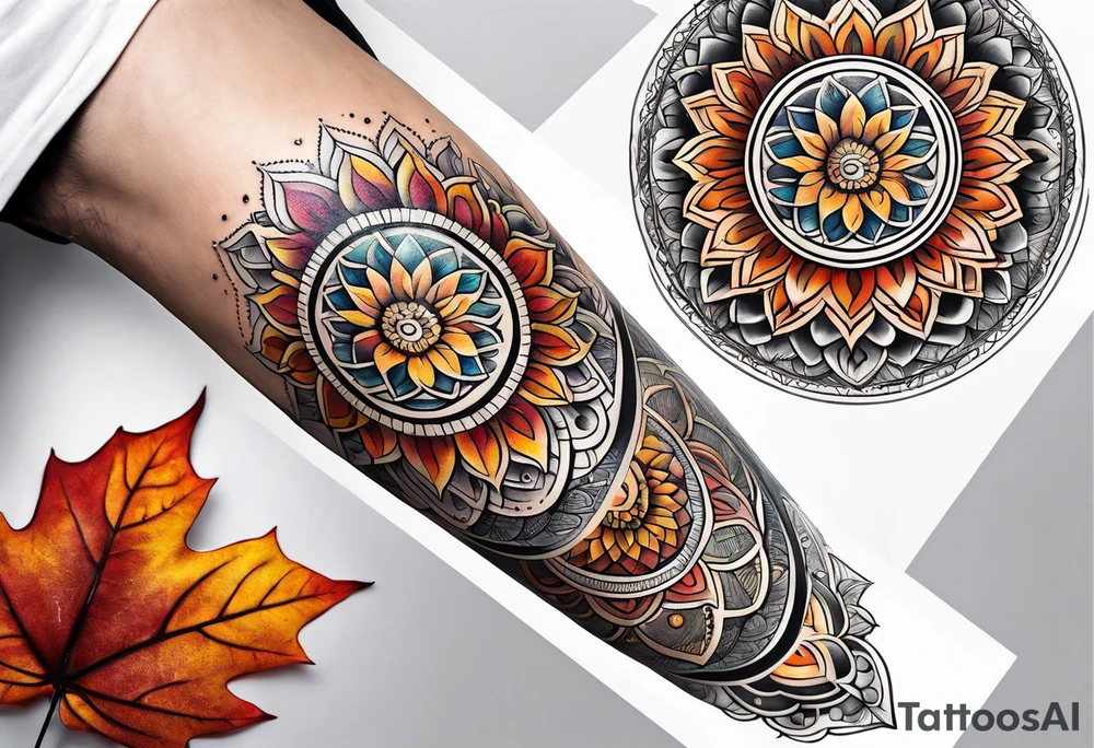 male moon mandala Knee tattoo in fall colors tattoo idea