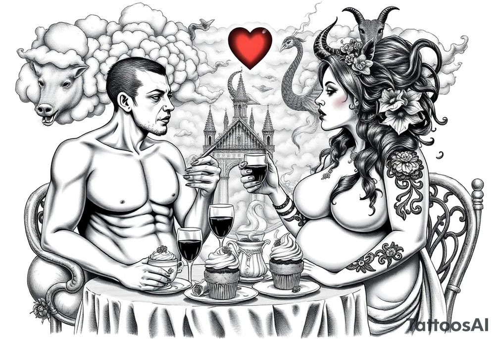 Mystical Naked Man and woman eating cupcakes and liquor fruit  having sex clouds gothic sexy naked fat lady having a tea party with tea pot and Victorian castle 
with a pigs, peacock, noose, lion, goat, smoking cigerettes looking in the mirror thru storm clouds with razor blades and broken hearts and darkness and wrath, envy , gluttony, greed, sloth, pride kill tattoo idea