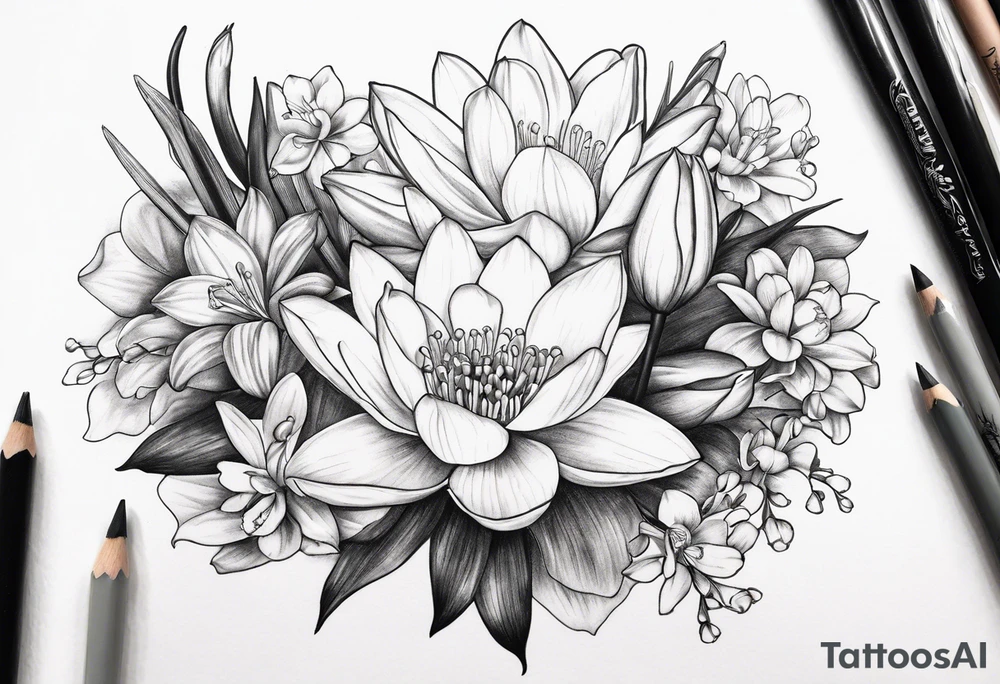 Water Lily, Lily of the Valley, Narcissus, and Gladiolus flower bouquet tattoo idea
