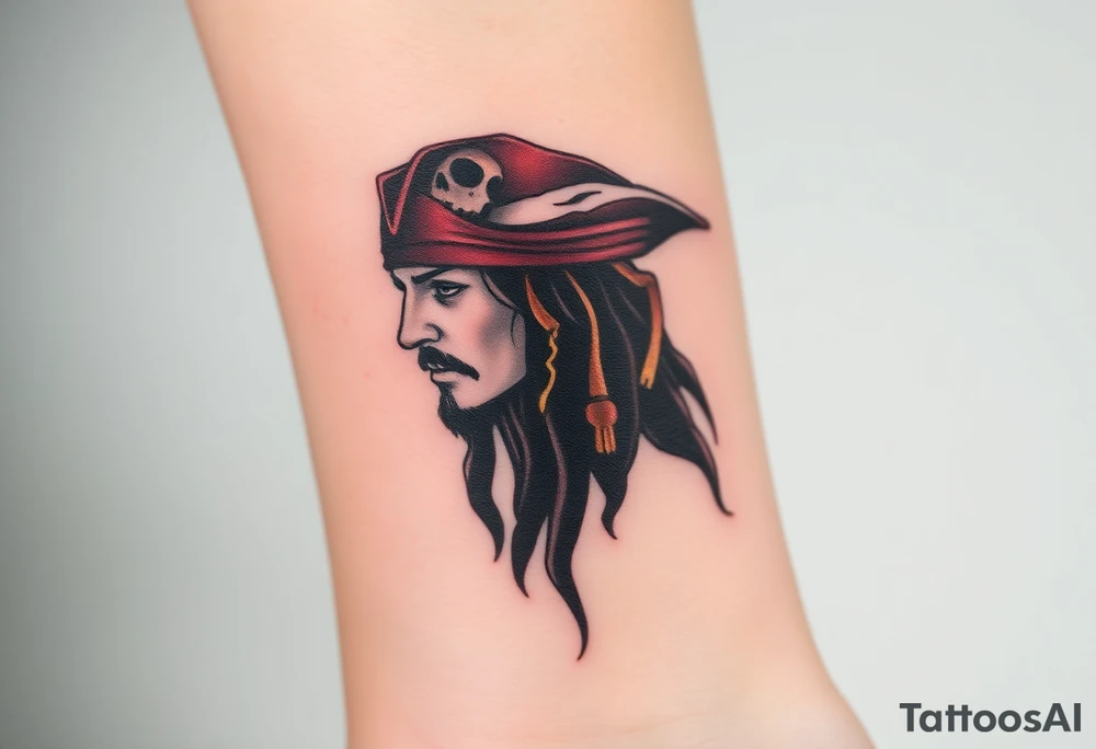 A side-profile portrait of Jack Sparrow with a shadowy skull in the background, symbolizing his connection to death and the supernatural, shaded in grayscale with faint red and gold highlights tattoo idea