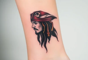 A side-profile portrait of Jack Sparrow with a shadowy skull in the background, symbolizing his connection to death and the supernatural, shaded in grayscale with faint red and gold highlights tattoo idea