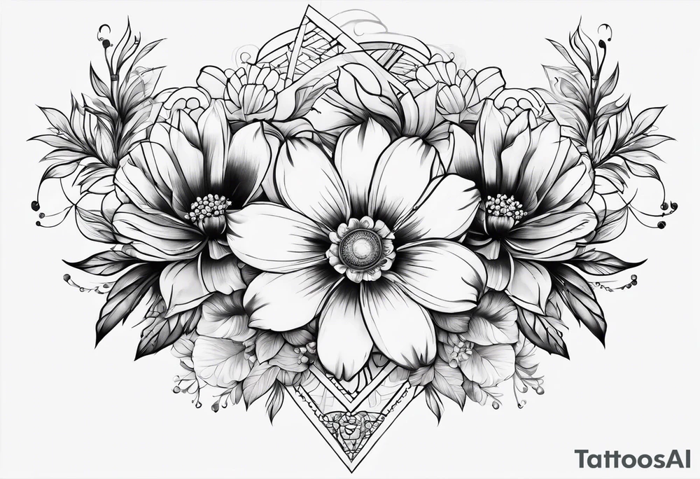 SLeve with flowers and geometrical design tattoo idea