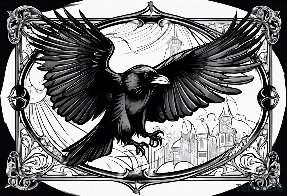 quote: “may angels lead you in”
A raven inside a square frame tattoo idea